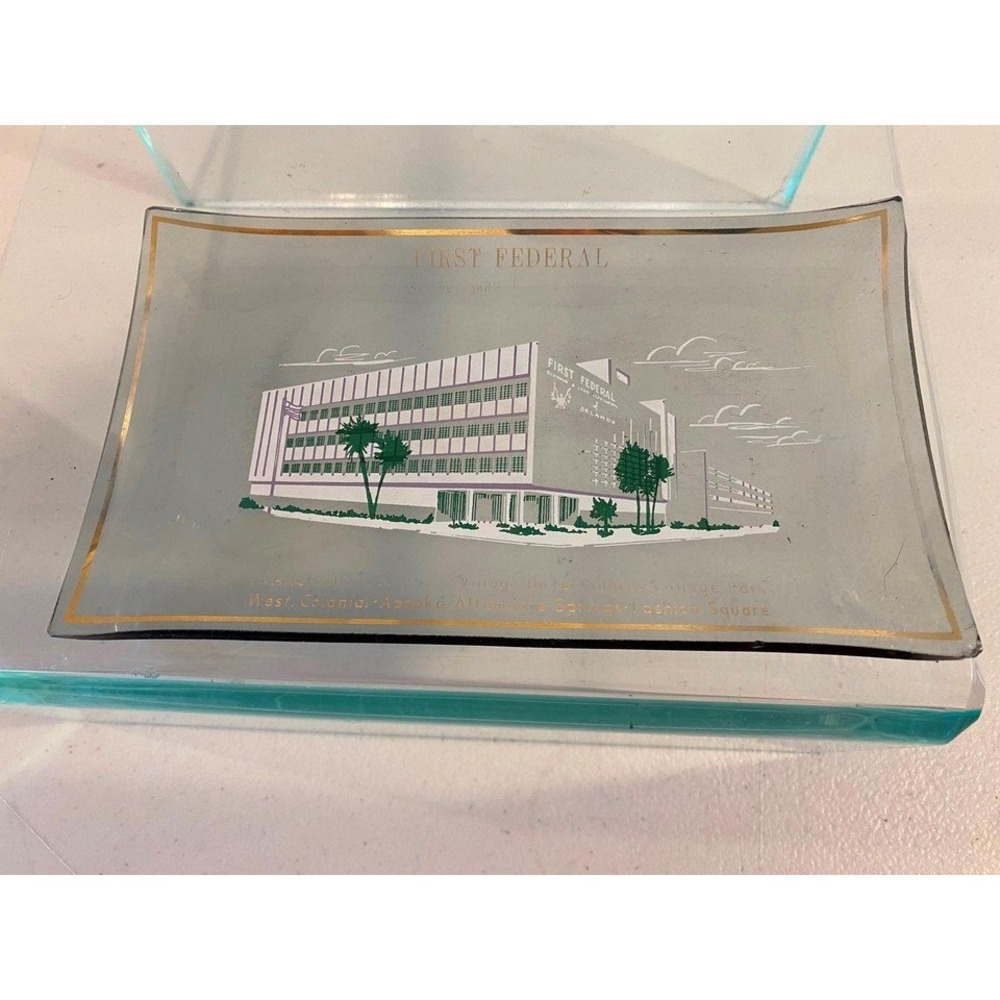 Vintage First Federal Savings Orlando Glass Trinket Tray Mid Century Bank Decor